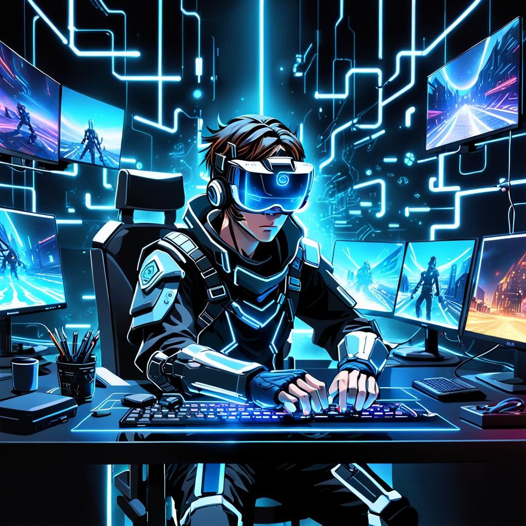 Gamer Immersed in Neon Lit VR Fantasy World