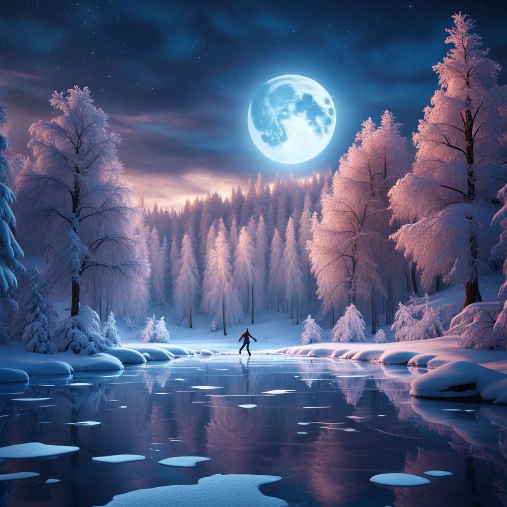 Moonlit Ice Skater on Frozen Pond