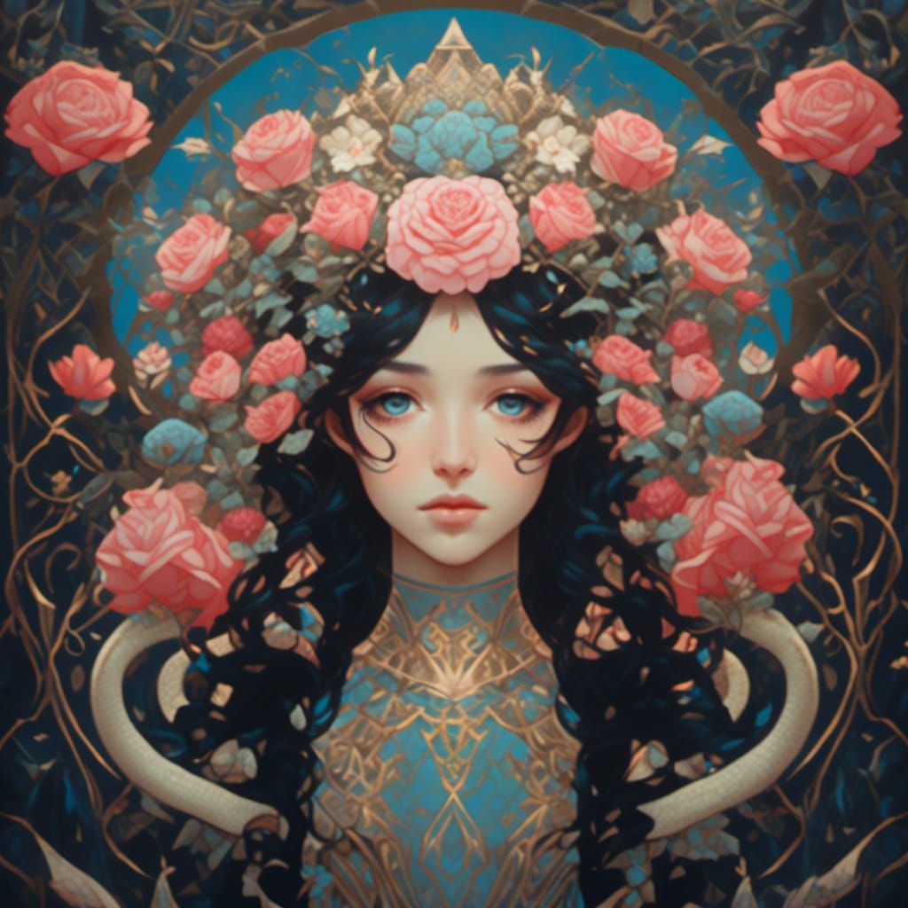 Art Nouveau Woman Portrait with Roses and Snake