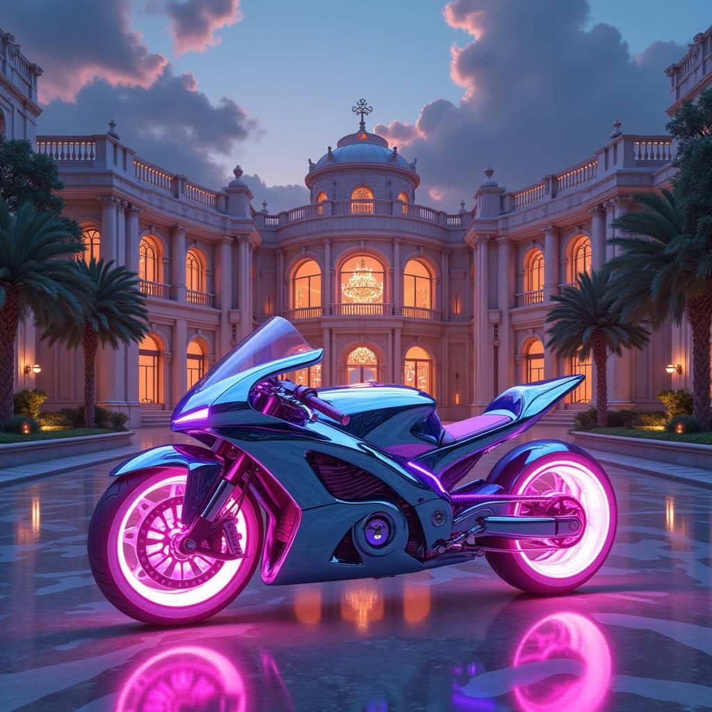 Gucci Mansion with Futuristic Motorcycle, Fantasy Art