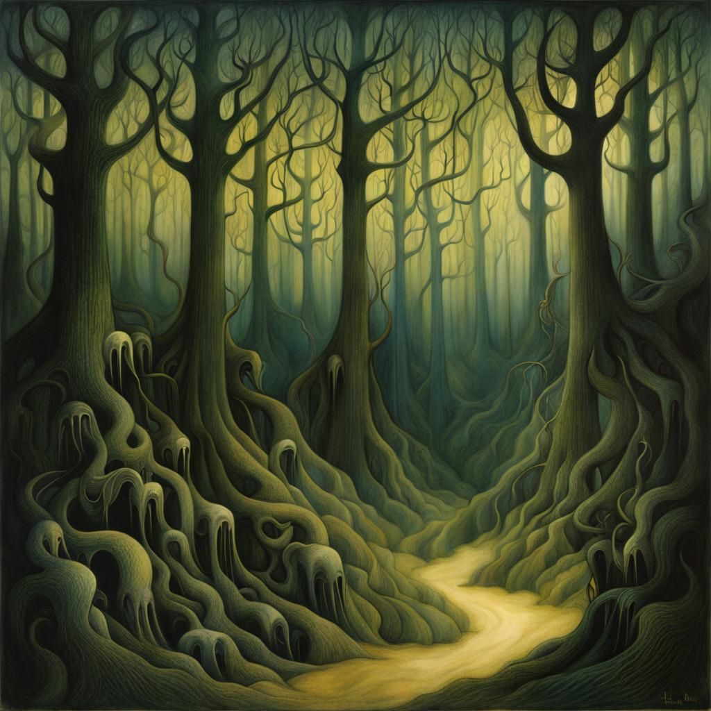Eldritch Forest Illustration in Dark Fantasy Style
