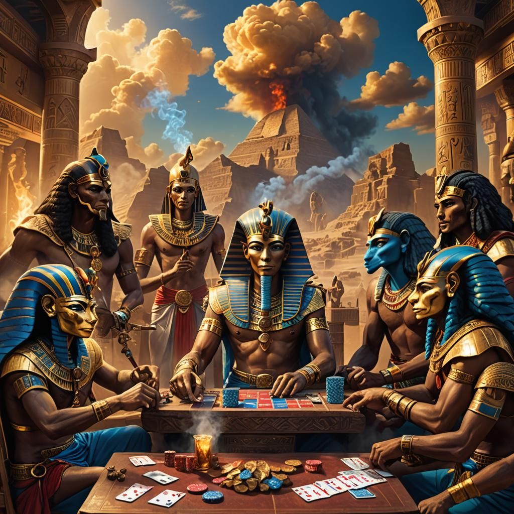 Egyptian gods sitting around playing poker