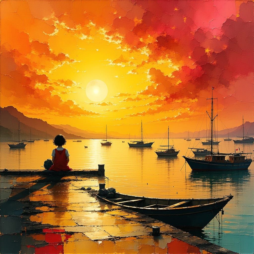 Spring Sunset Over Harbour with Fishing Boats