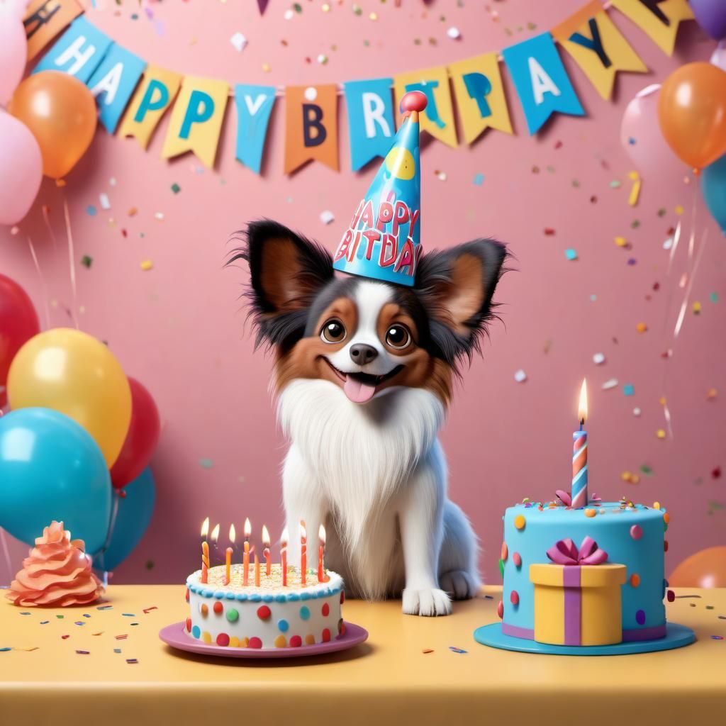 Disney Pixar style 3D adorable papillon dog, wearing a birthday hat, sitting at a table with a birthday cake, and a sign...