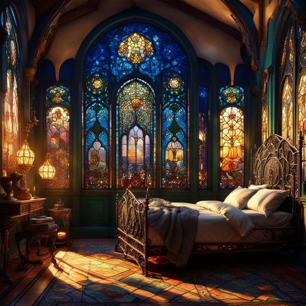 Art Nouveau Bedroom with Stained Glass Window