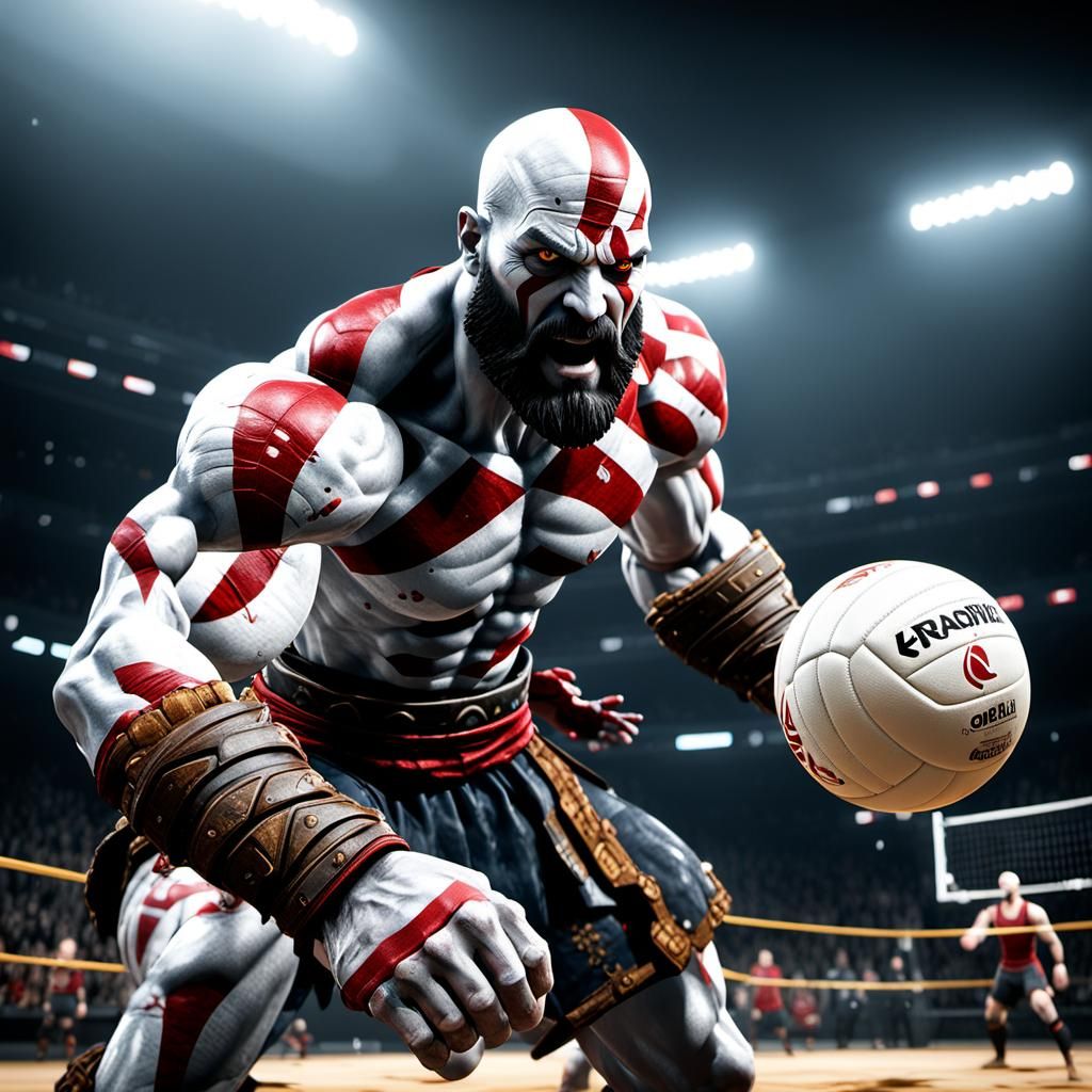 Kratos playing volleyball