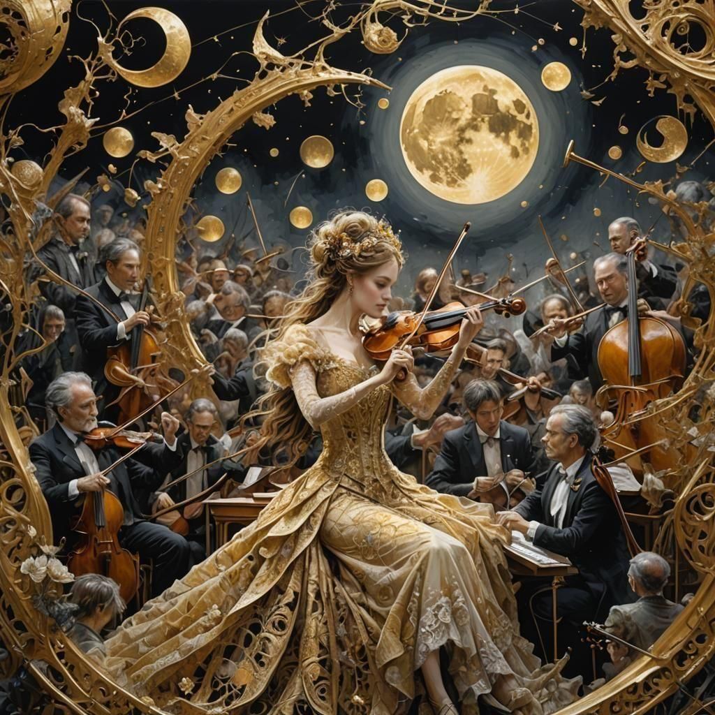 Orchestra Under Golden Moon: Hyperrealistic Lace Art