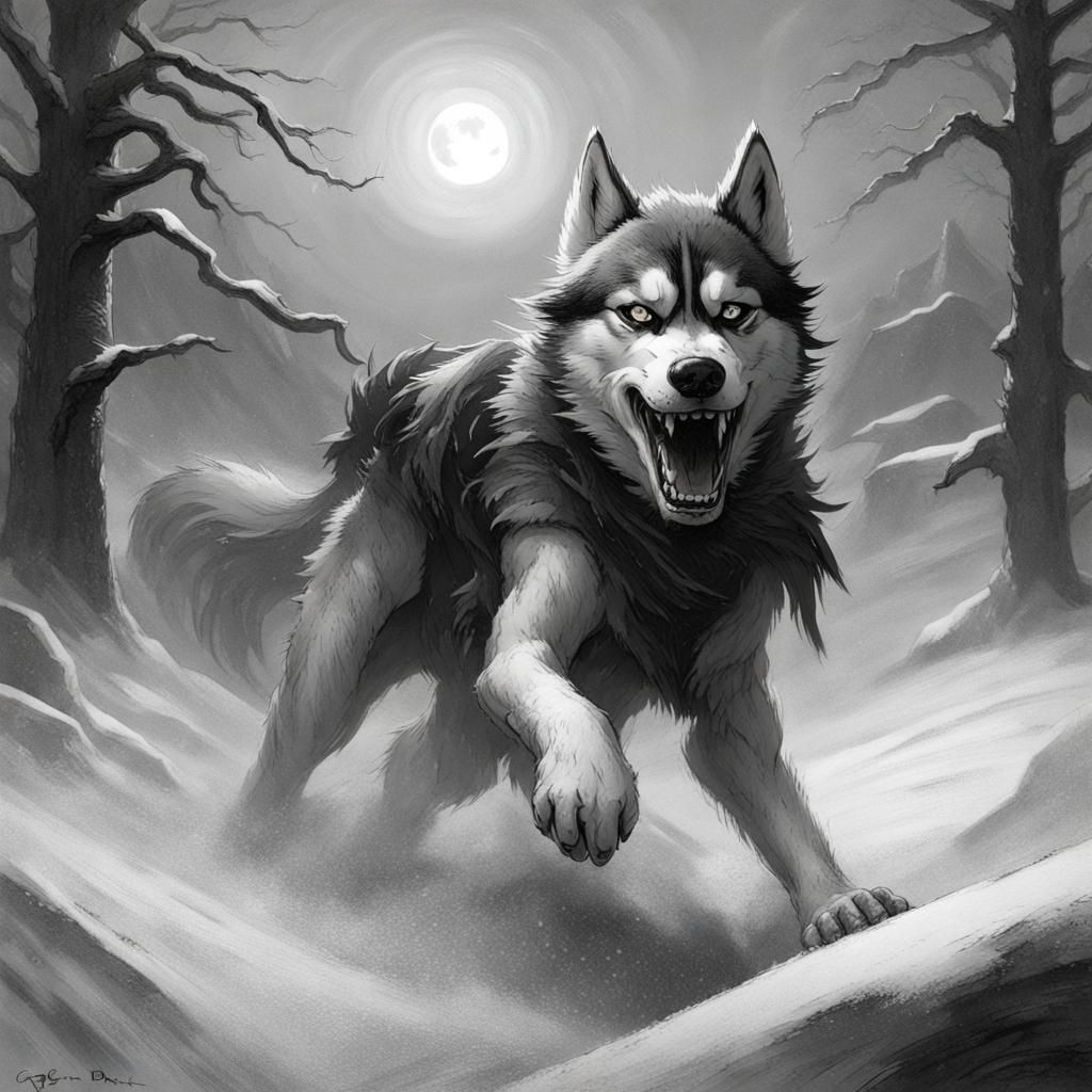 Fierce Husky in Snow, Black and White Horror Style