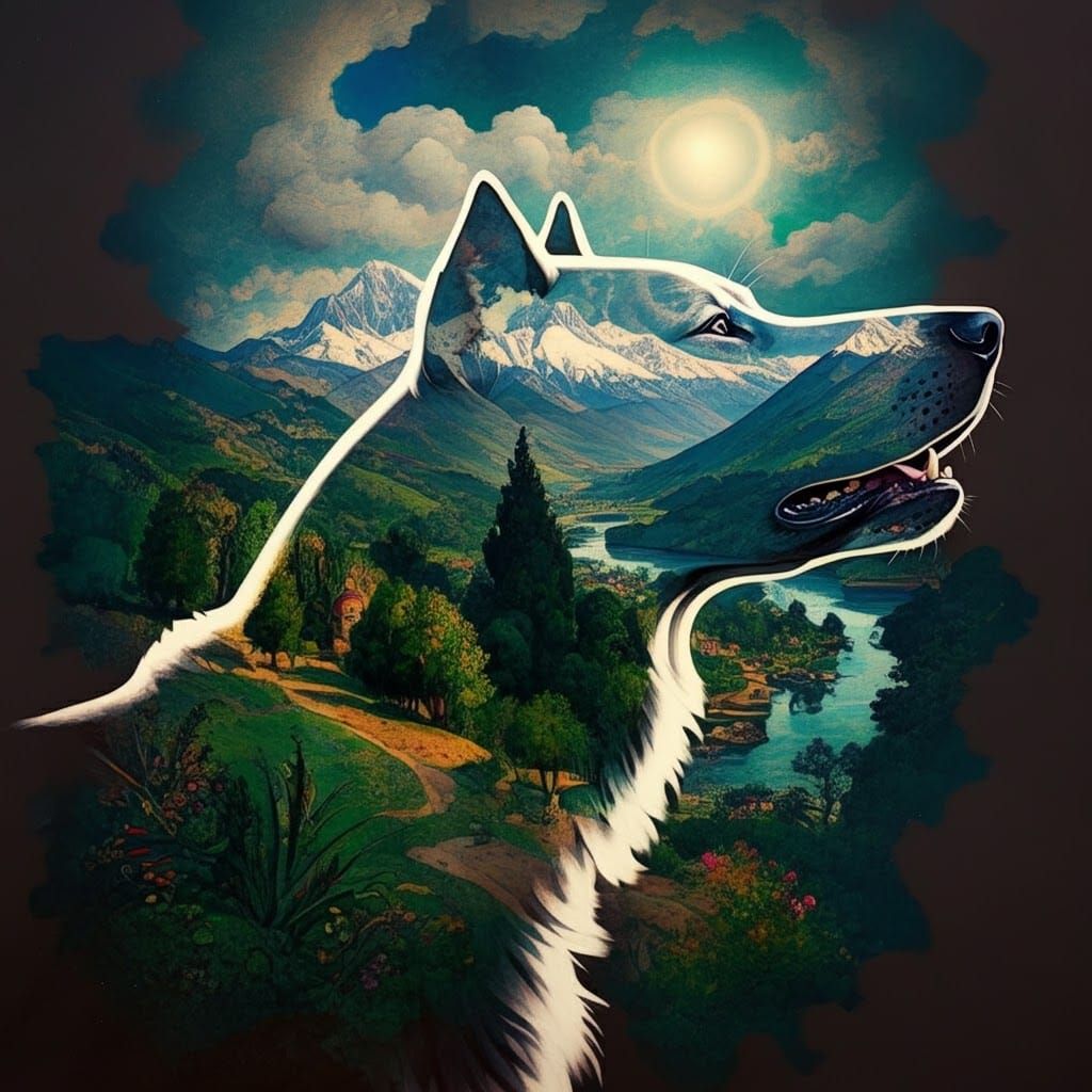 Dog Silhouette Barking in Surreal Landscape