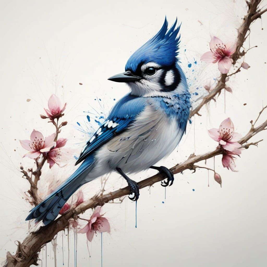 Whimsical Blossom Tree Bluejay in Digital Art Style