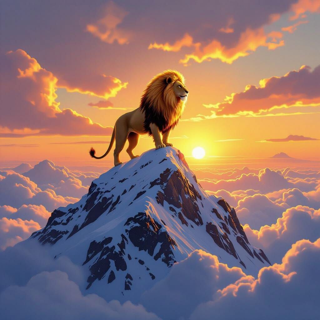 Golden Lion Atop Mountain Peak at Sunset