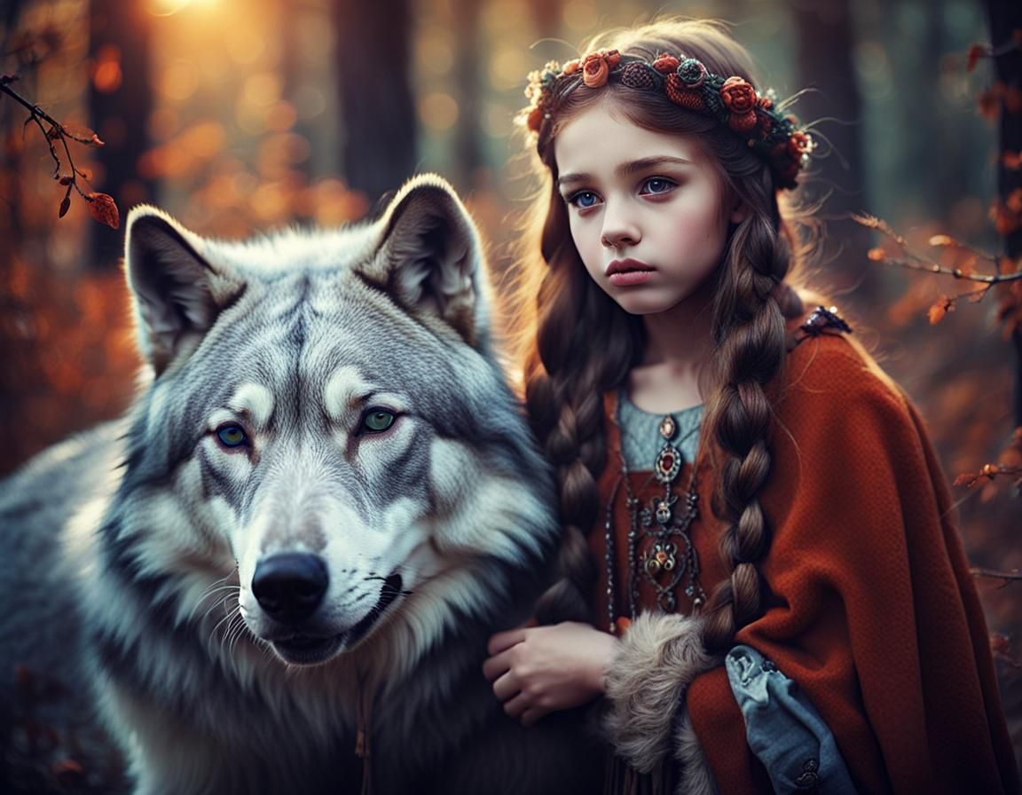 Girl and Dire Wolf in Fairytale Photo