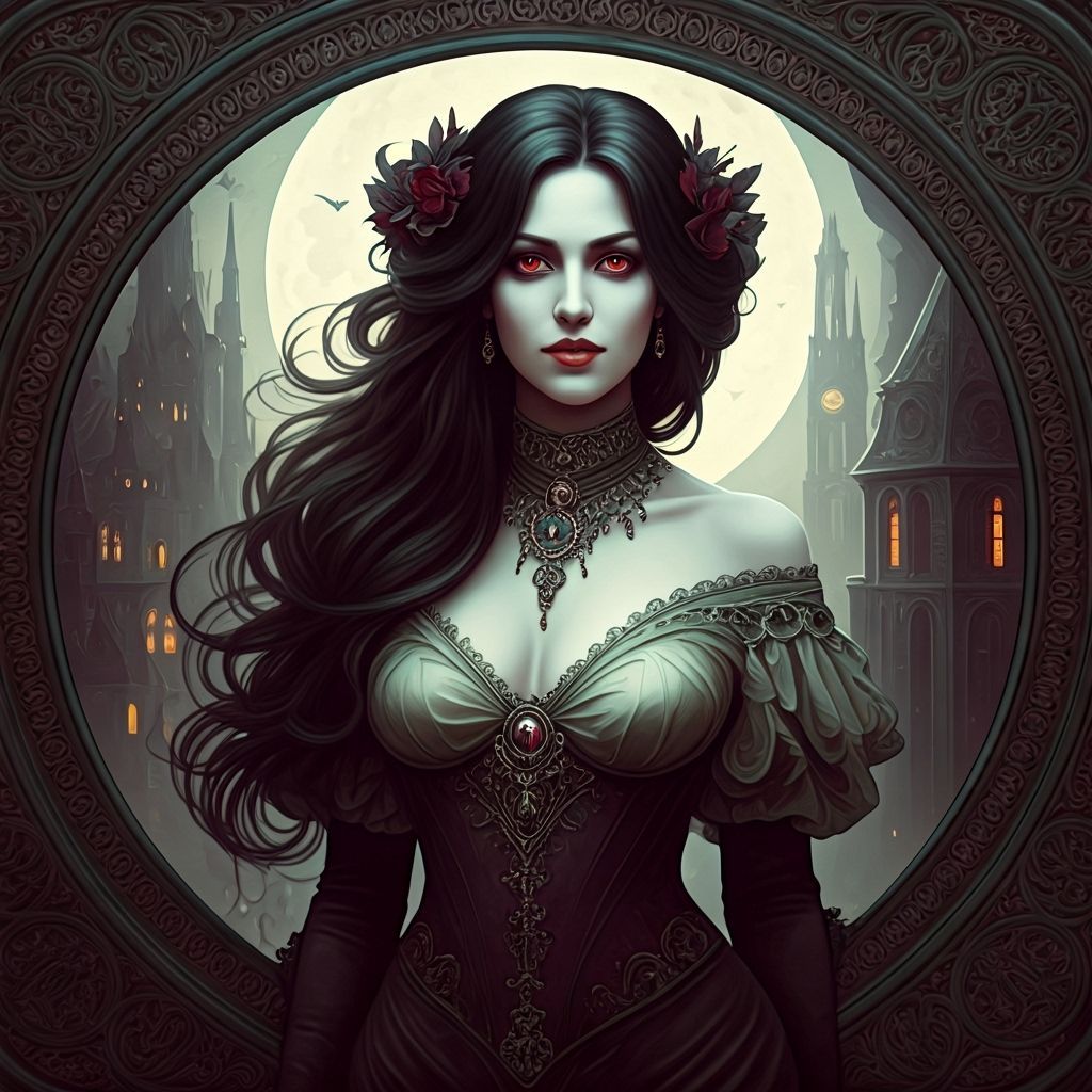 Gothic Vampire Woman on Balcony Overlooking Misty City