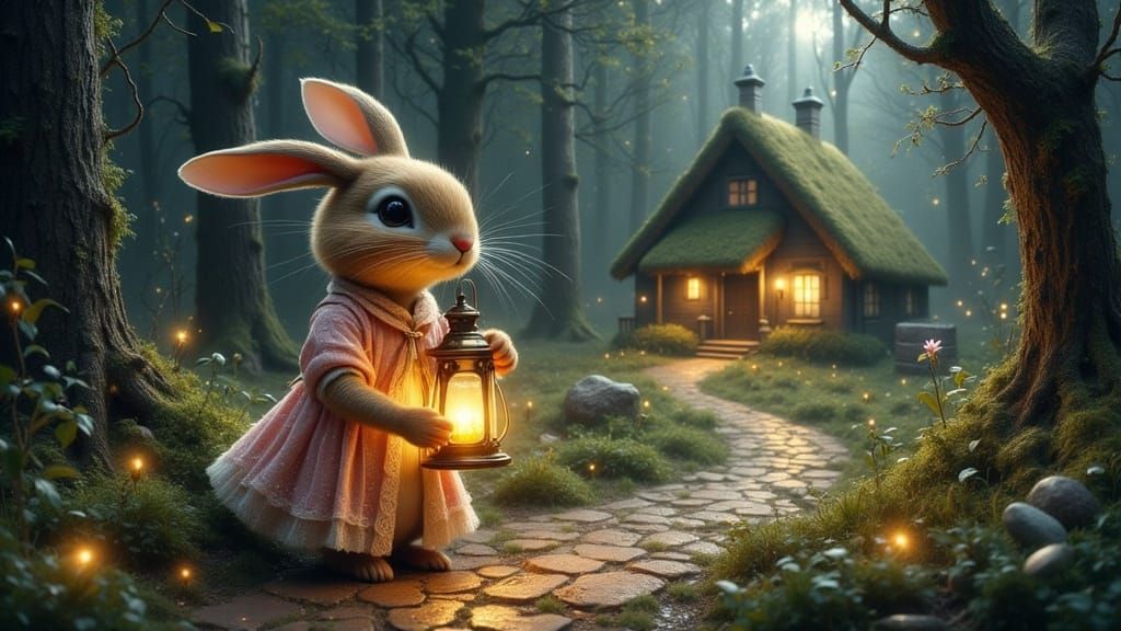 Whimsical Rabbit in Golden Coat, Holding Candle Lantern, in ...