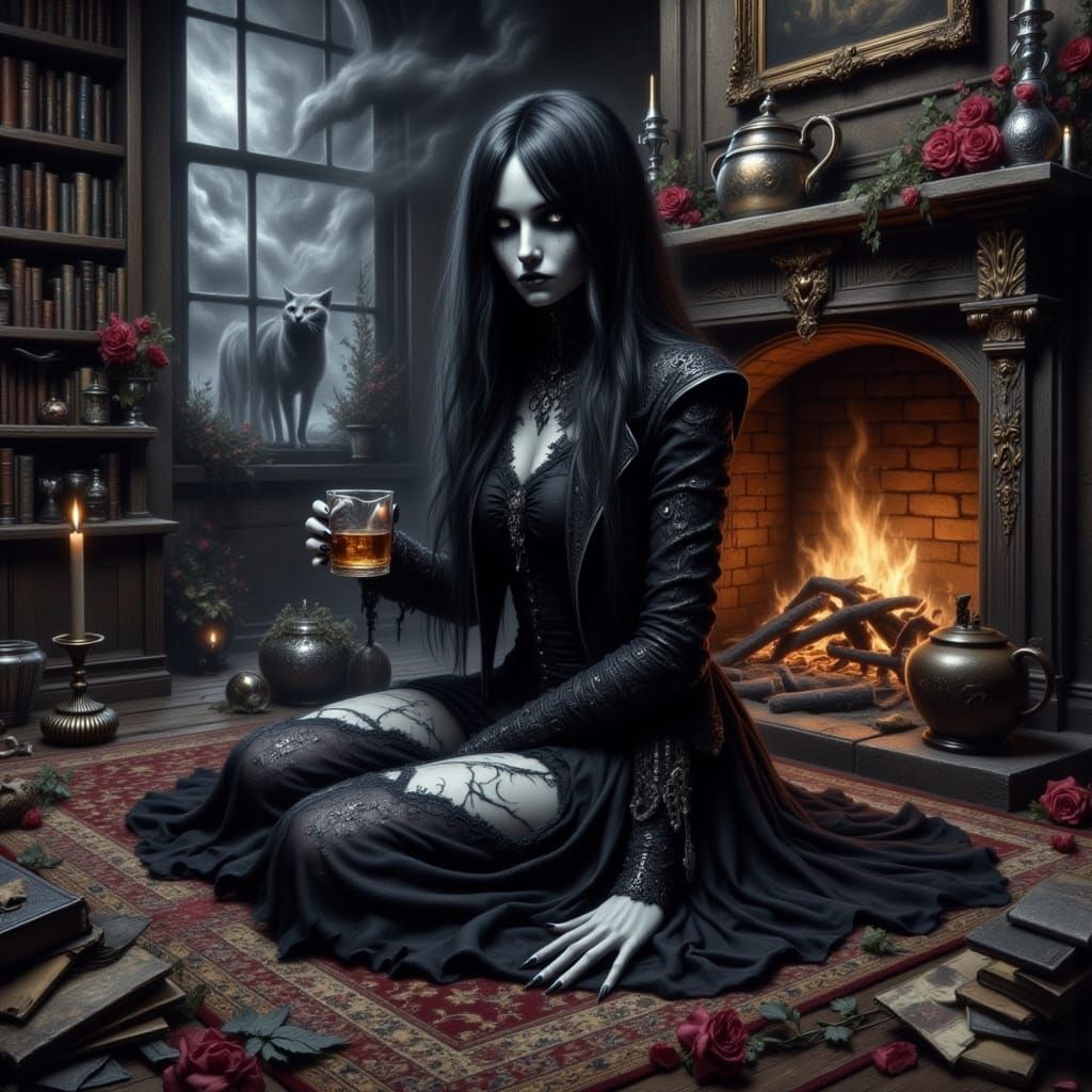 Lilith in Haunted Library, Surreal Oil Painting