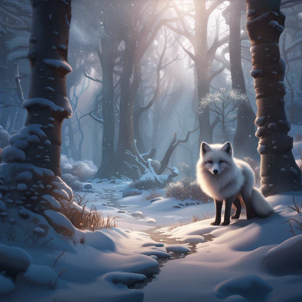 Happy Arctic Fox in Snowy Morning Forest