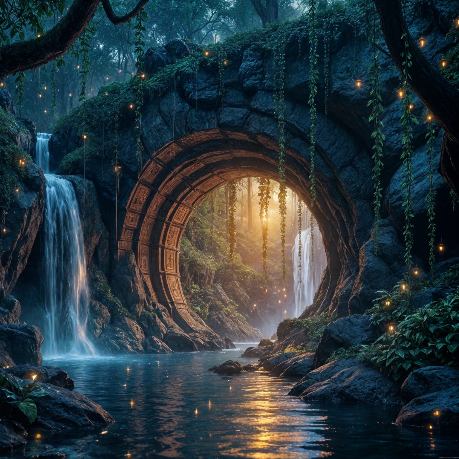 Mystical Forest Cave Entrance with Psychedelic Colors