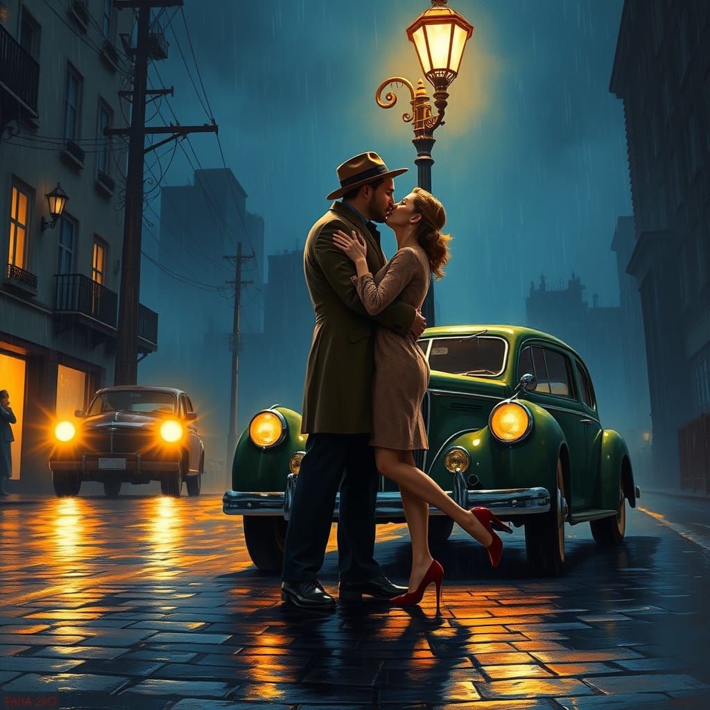 Romantic Embrace in Rainy City, Oil Painting Style