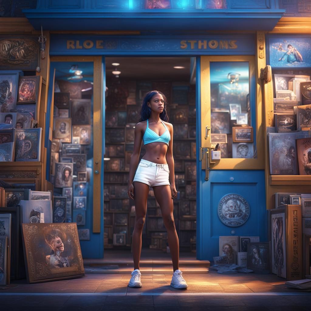 Pretty girl wearing white shorts and a blue bikini top stand...