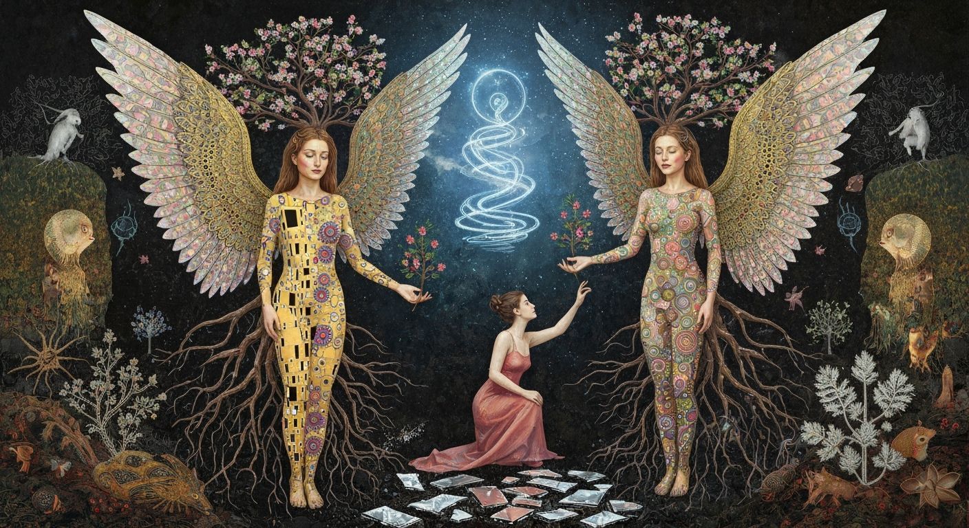 Surreal Fragmented Sculpture of Woman with Iridescent Wings