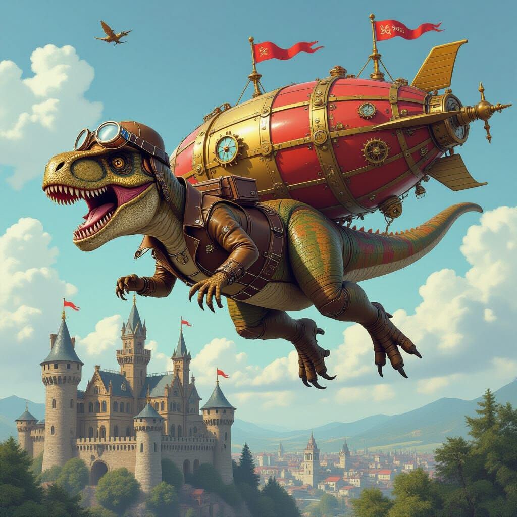 Steampunk T-Rex Dive-Bombing Airship, Digital Painting