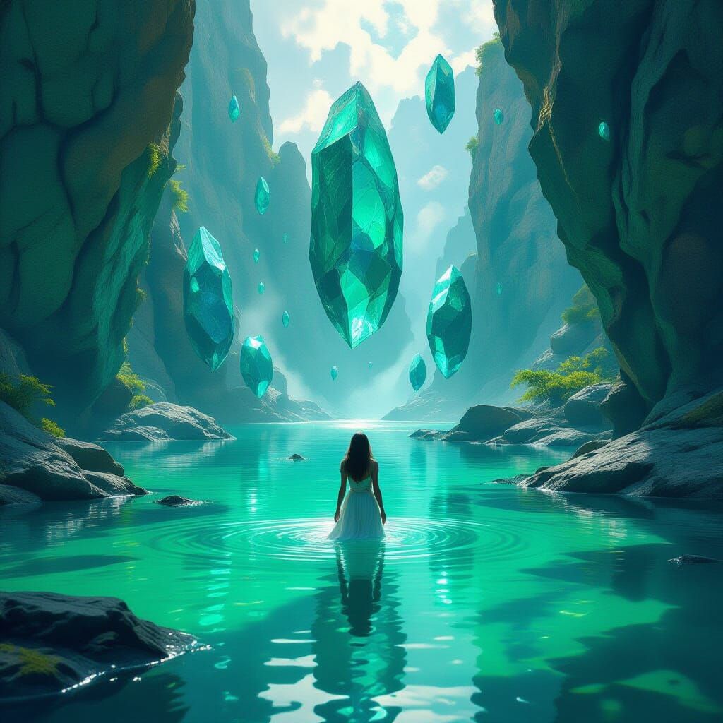 Woman Among Emerald Floating Stones in Cinematic Realism