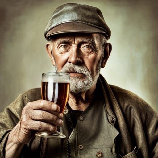 Happy Soviet Worker Drinking Beer in Hyperrealistic Portrait