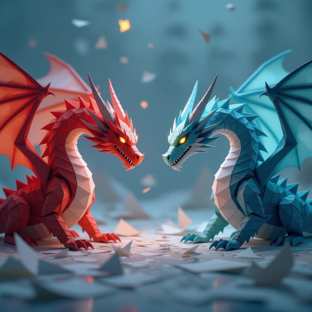 Light and Fire Dragons vs Darkness in Digital Art