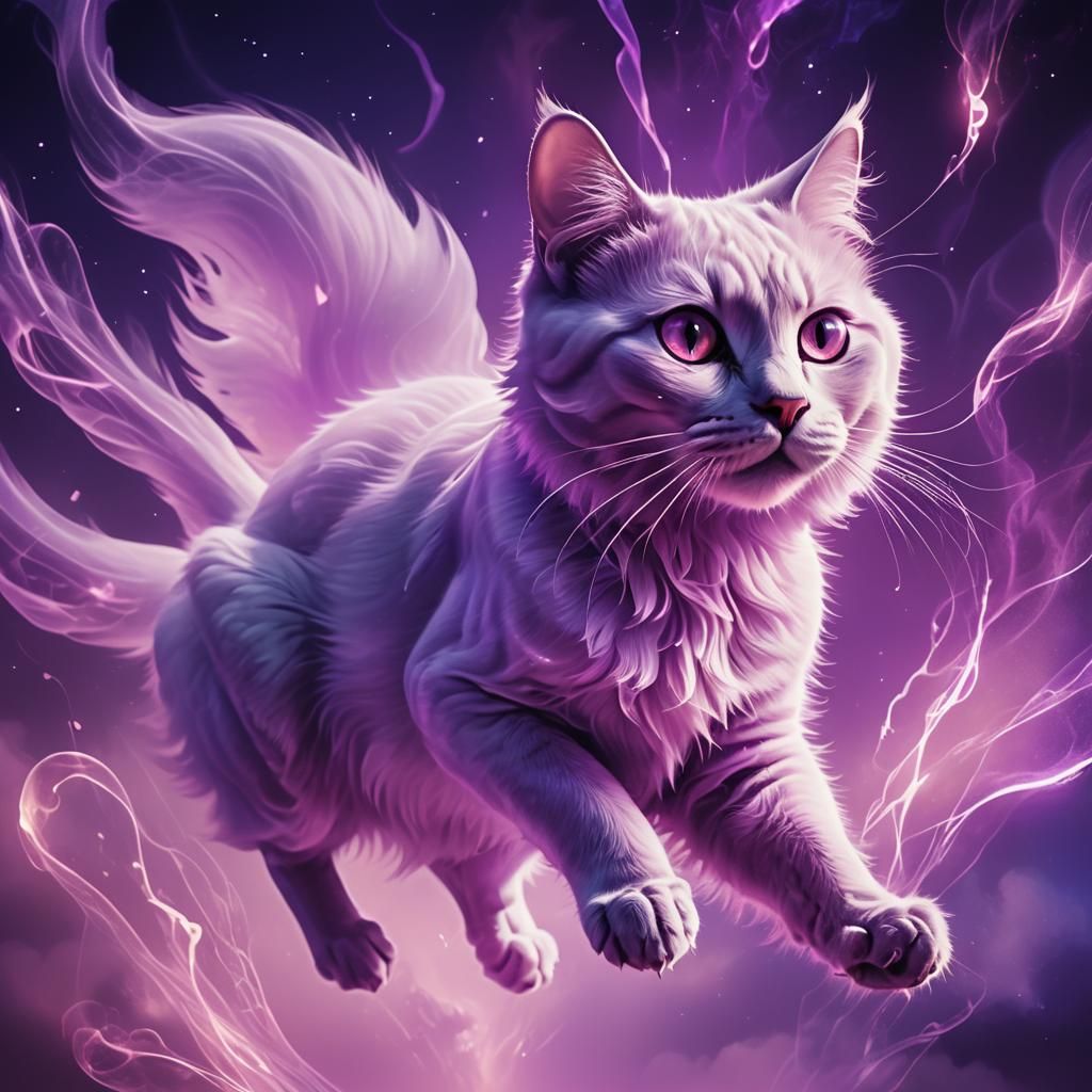 Flying Ghost Cat with Purple Neon Aura