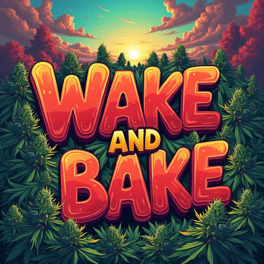 Surreal Marijuana Landscape with Whimsical Cartoon Typograph...