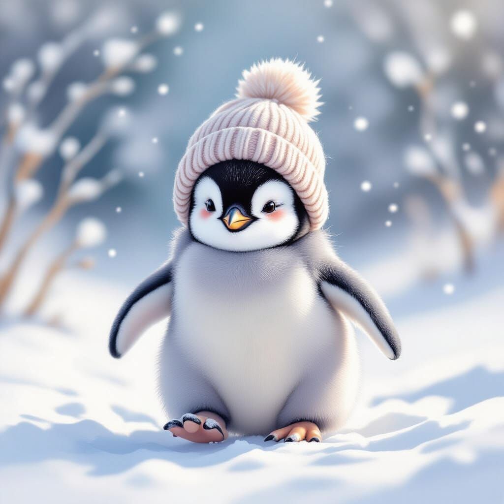 Baby Penguin in Knitted Hat Watercolor Painting