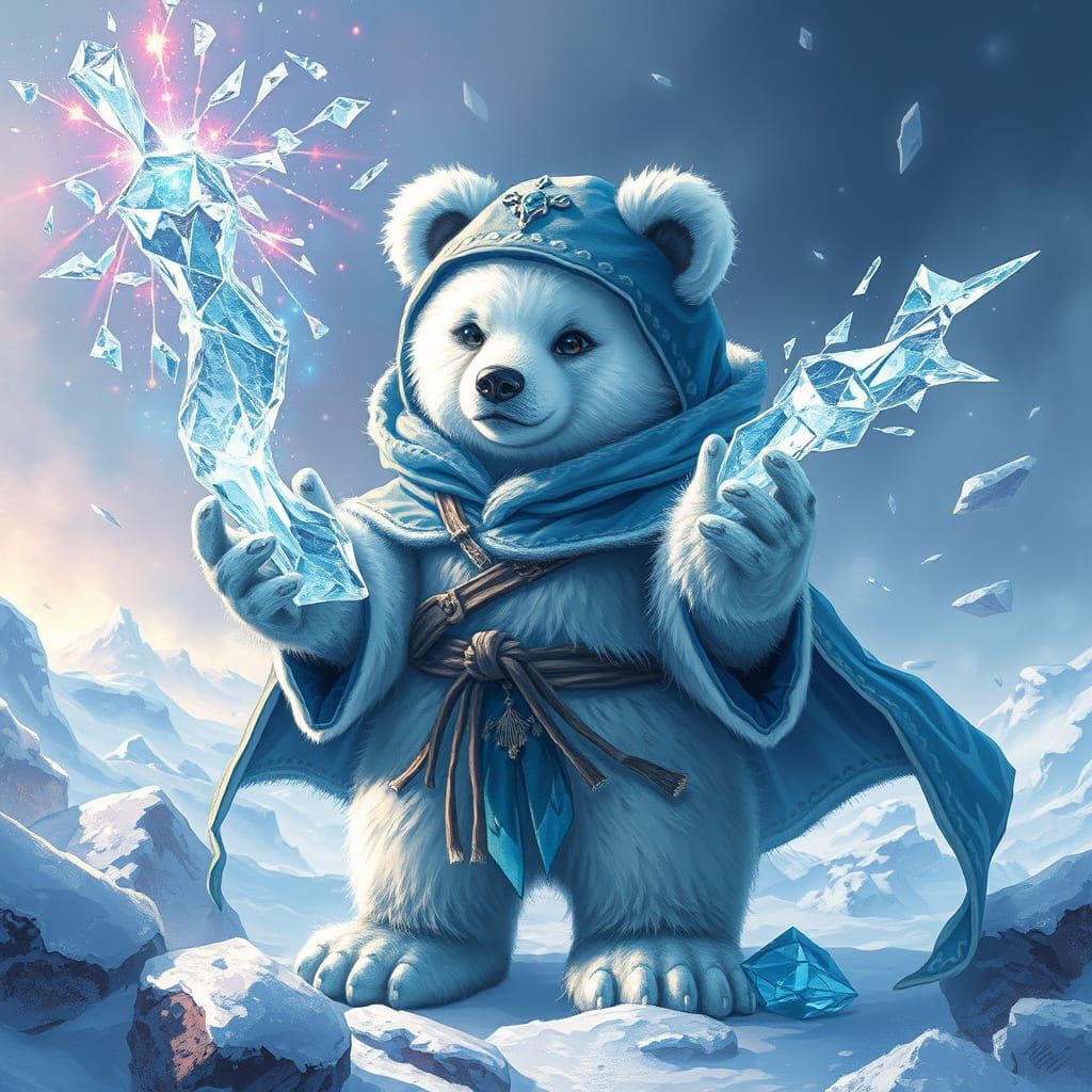 Mystical White Teddy Bear Mage Conjures Ice Spell in Fantasy...