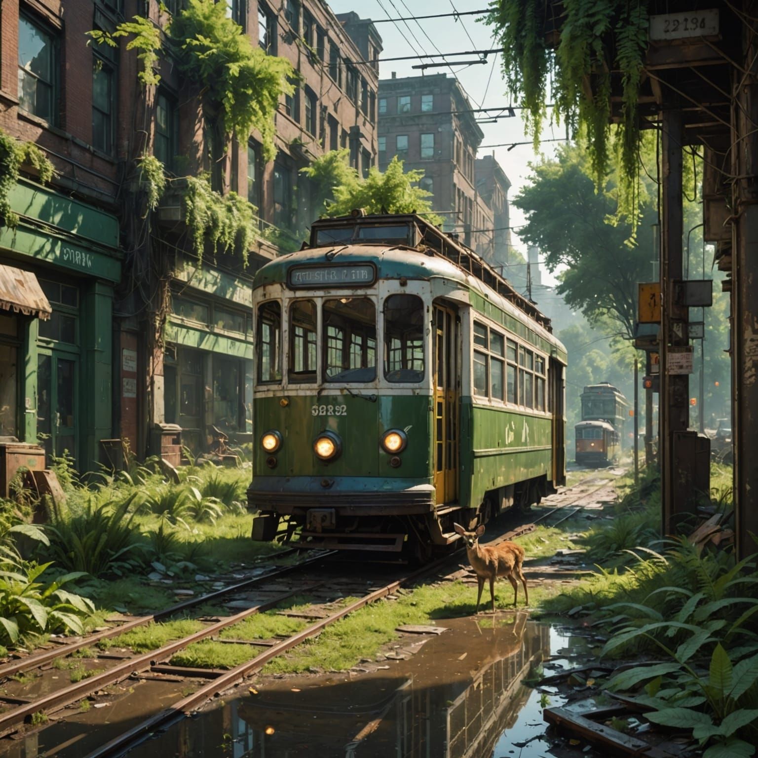 Post-Apocalyptic Streetcar Scene with Deer in Ethereal Light