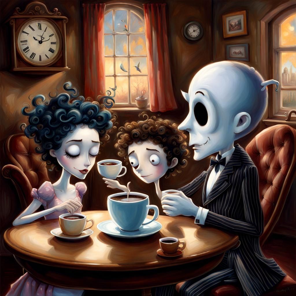 Whimsical Coffee Time Scene with Gothic Lighting