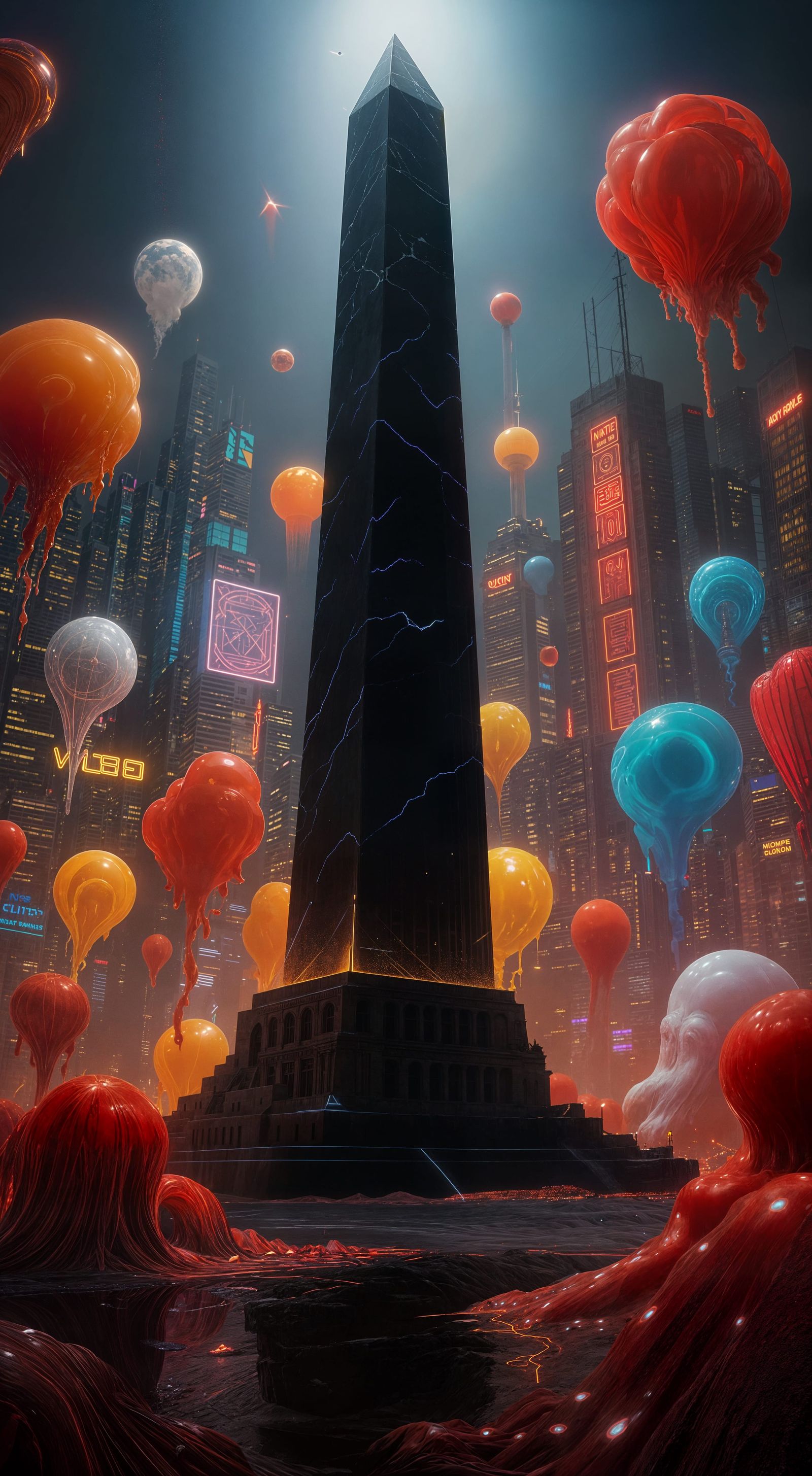 Giant Obsidian Obelisk Amidst Psychic Slime and Neon City