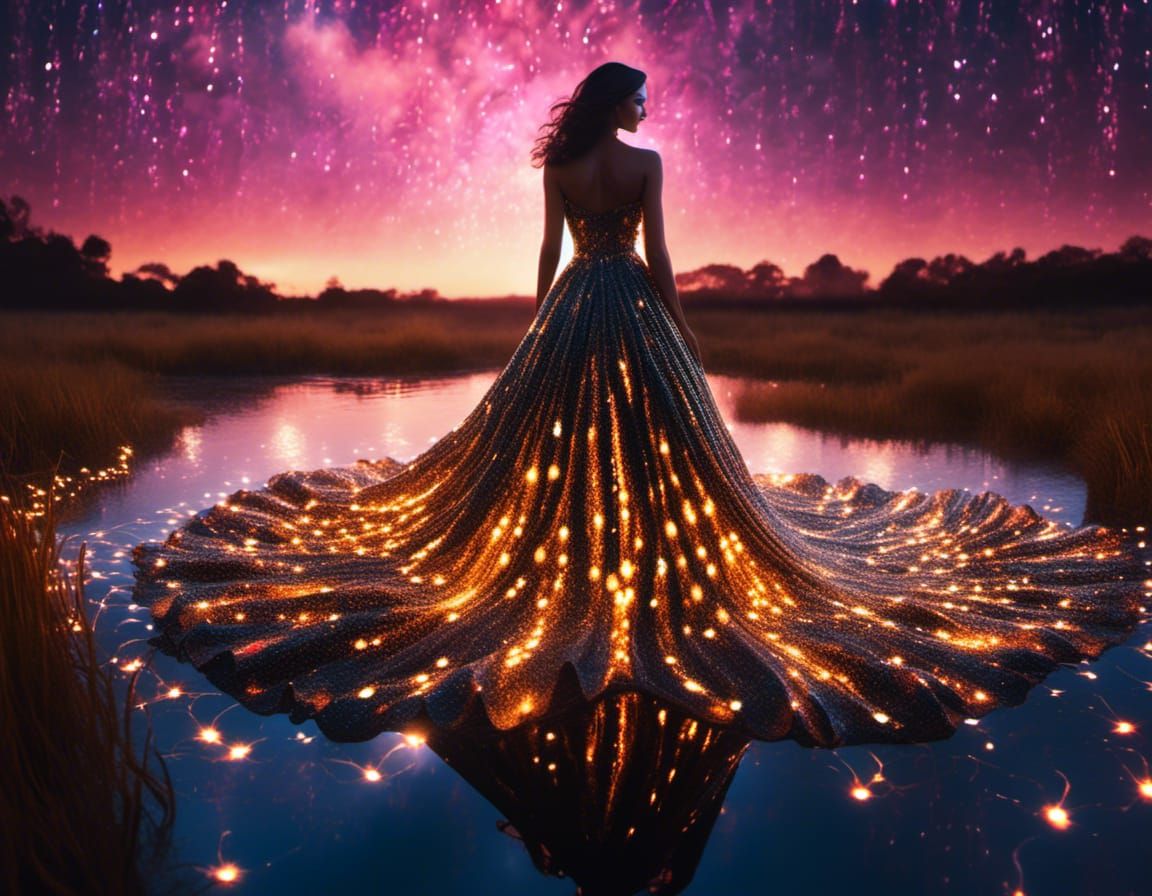 Dress of Light in Surreal Firefly Field