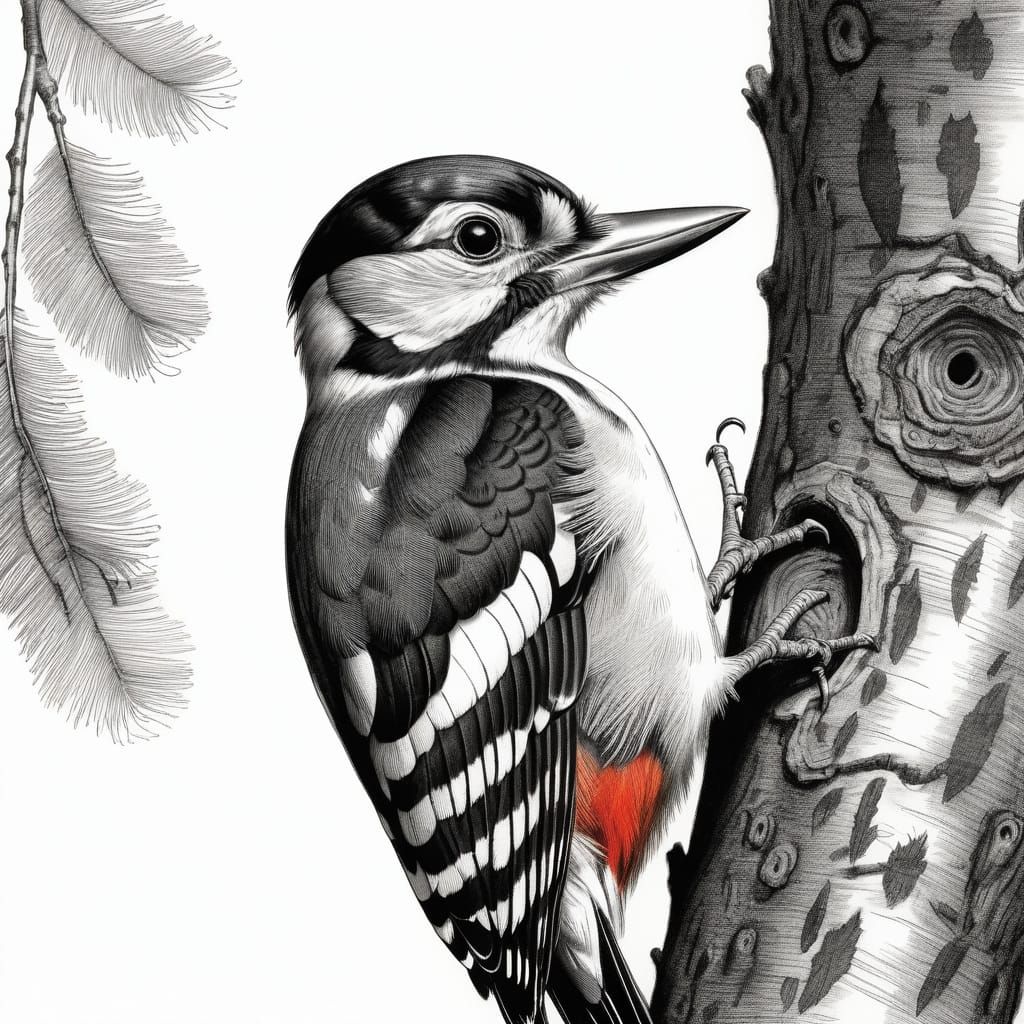Detailed Charcoal Drawing of Great Spotted Woodpecker