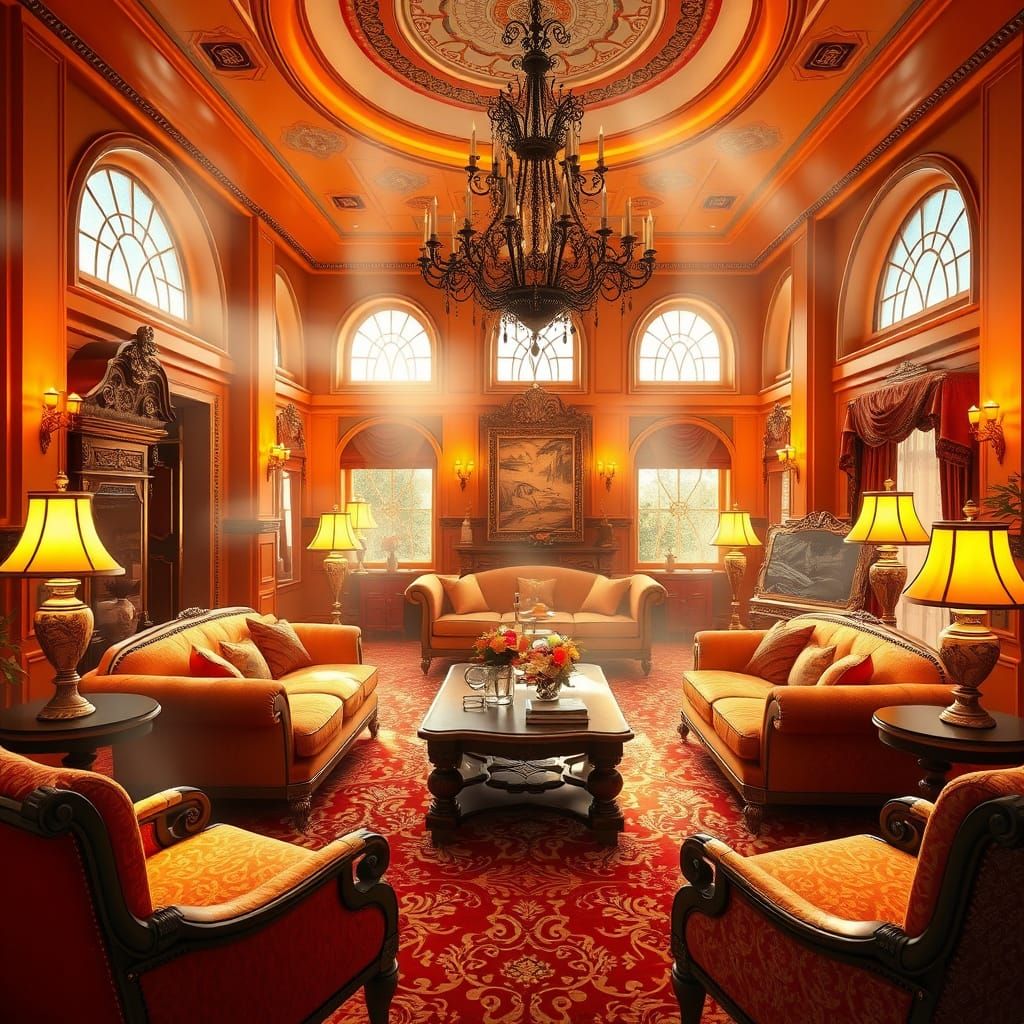 Exotic Orange and Gold Living Room in Hyperrealistic 3D Styl...