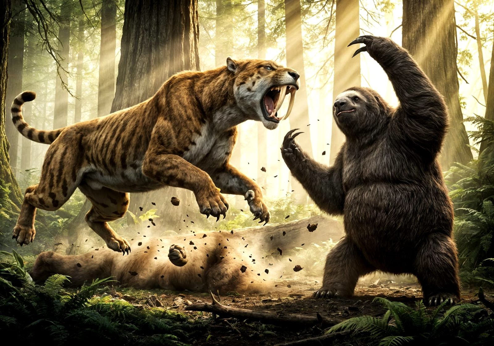 Smilodon Attack on Giant Sloth in Pleistocene Forest