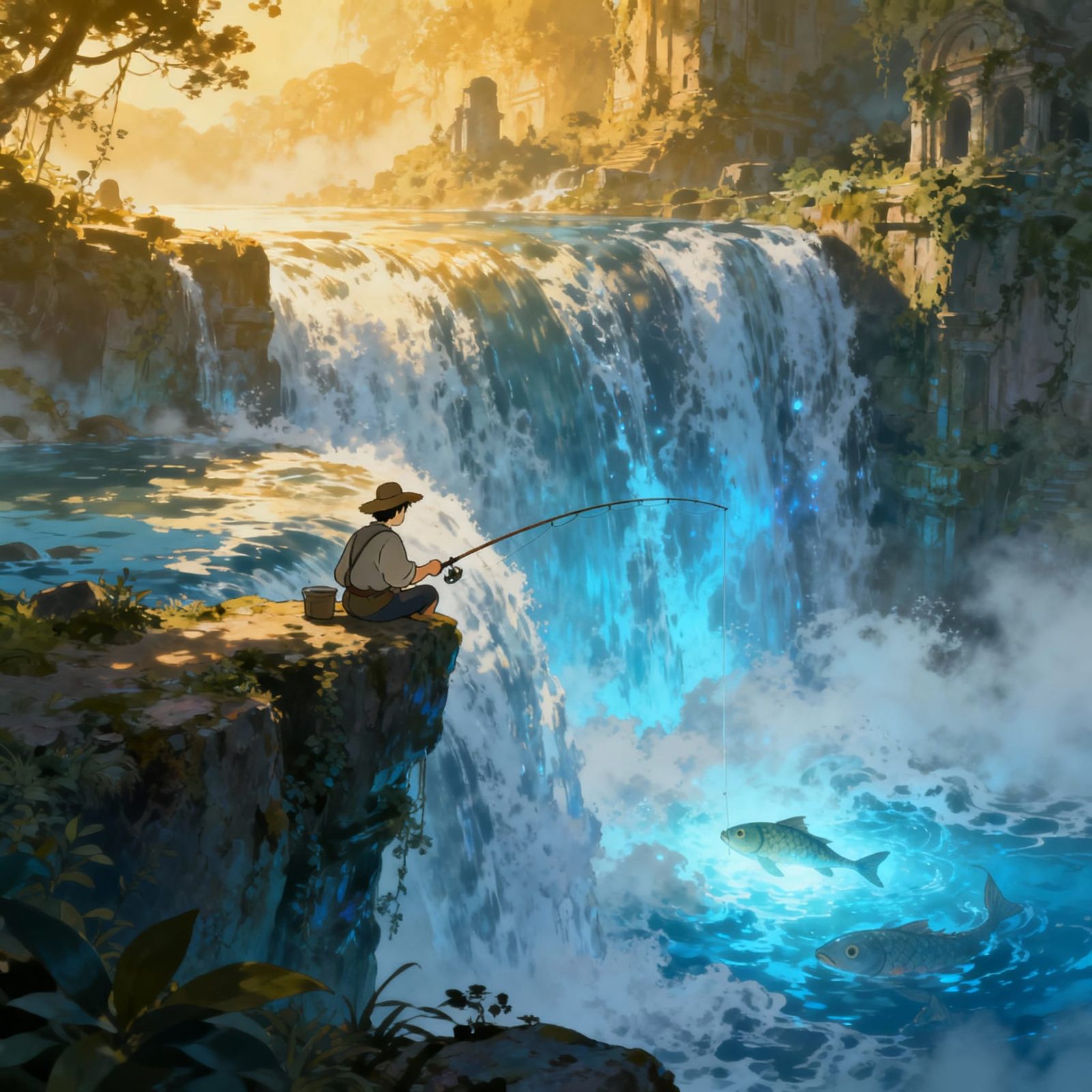 Fisherman at Colossal Waterfall in Lush Fantasy Landscape