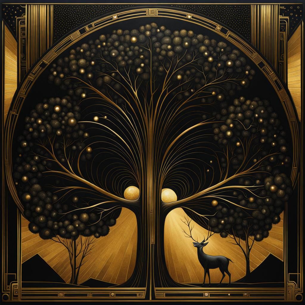 Art Deco Tree Poster with Gold Accents