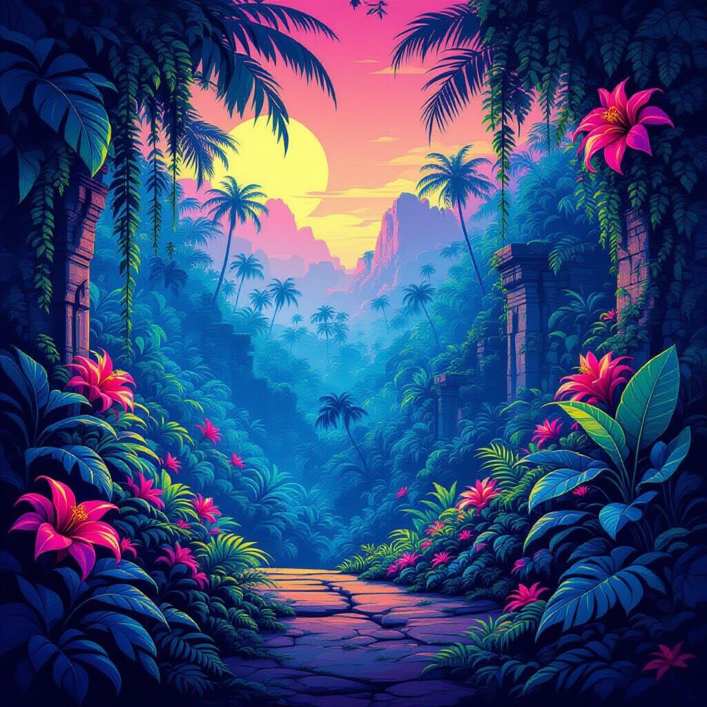 Vibrant Vaporwave Jungle with Exotic Flora and Fauna