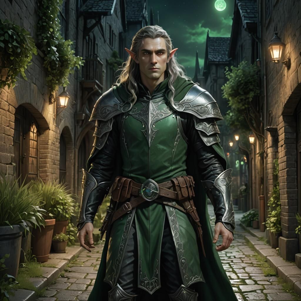 Elf in Black Leather Armor at Midnight