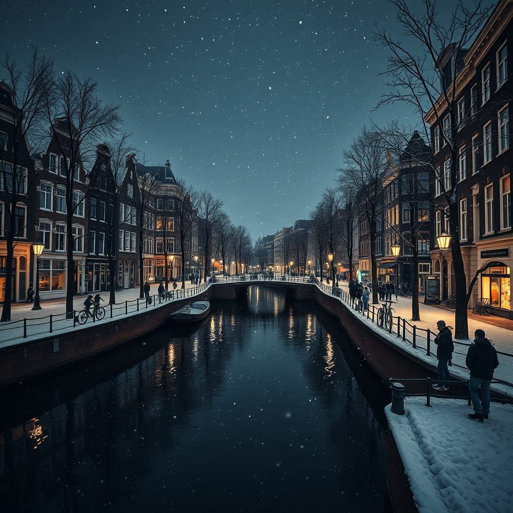 Amsterdam Under Snowfall in Hyperrealistic Detail