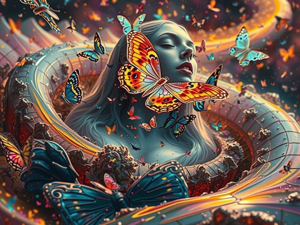 Fragmented Woman: Butterflies in a Glitch Art Landscape