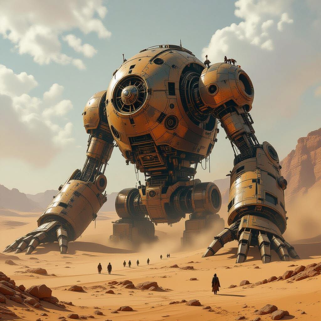 Colossal Clockwork Automaton in a Steampunk Desert Landscape