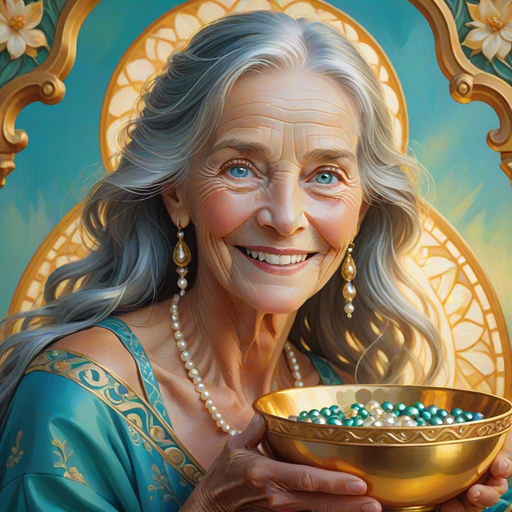 Art Nouveau Portrait of Smiling Woman with Pearls