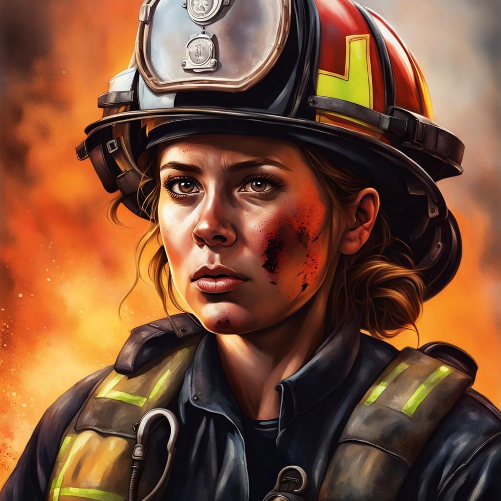 Intense Female Firefighter Carrying Child