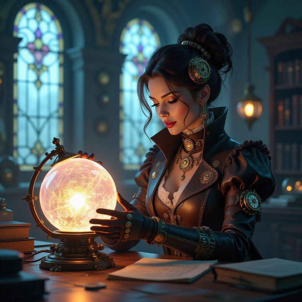 Steampunk Inventor with Crystal Orb, Ornate Style