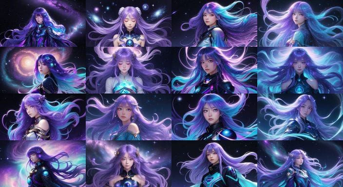 Dreamy Anime Girl Floating Among Stars in Purple and Blue To...